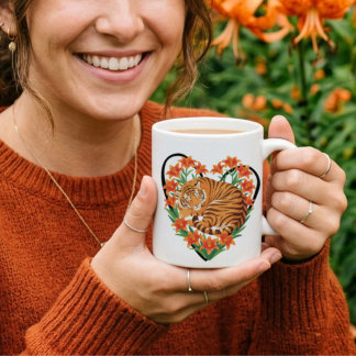 オレンジのユリの花と愛らしいトラ コーヒーマグカップ