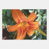 オレンジのユリの花の写真と無地の緑のグリッター ラッピングペーパーシート (正面)