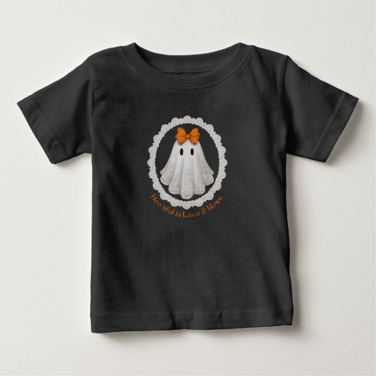オレンジのリボンのレースの幽霊 レースの縁取り ベビーTシャツ (正面)