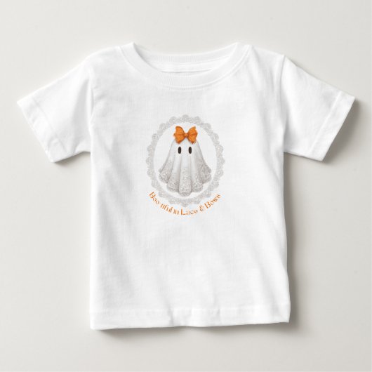オレンジのリボンのレースの幽霊＋レースの縁取り ベビーTシャツ (正面)