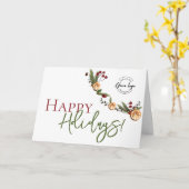 オレンジのリースの葉のカスタムロゴ Happy Holidays カード (黄色い花)