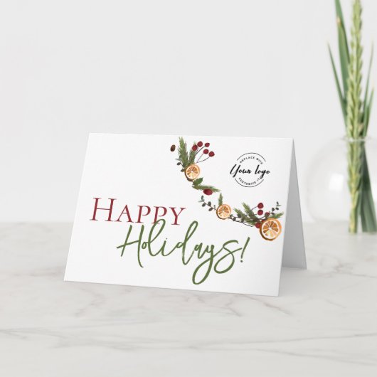 オレンジのリースの葉のカスタムロゴ Happy Holidays カード (正面)