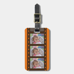 オレンジのレトロフィルムストラップデザインの荷物タグ(最大3枚の写真対応) ラゲッジタグ