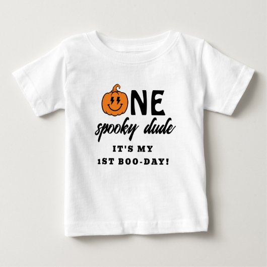 オレンジのワンスプーキーデュード ハロウィン1歳誕生日 ベビーTシャツ (正面)