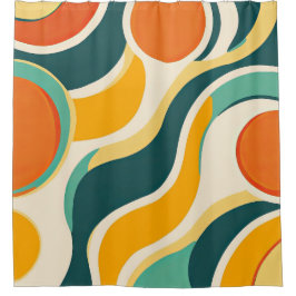 オレンジの円と色彩の流れ シャワーカーテン