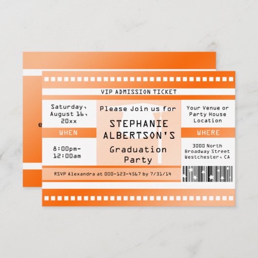 オレンジの卒業式またはパーティー入学チケット 招待状 (正面/裏面)