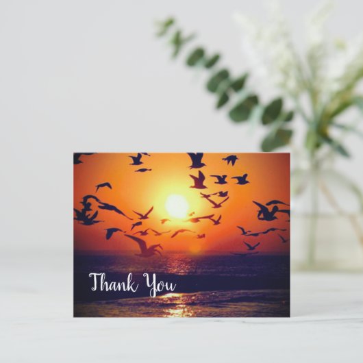 オレンジの夕陽にシルエットされたガン感謝 ポストカード (スタンド正面)