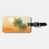 オレンジの太陽と緑のトロピカルパームツリー テキスト付き ラゲッジタグ (正面横)