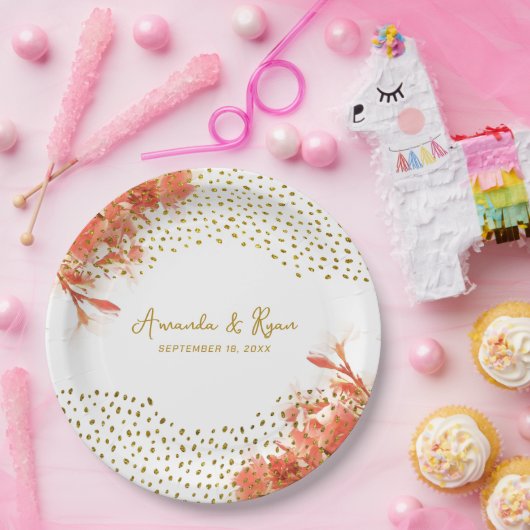 オレンジの夾竹桃の花 ゴールド グリッター 結婚式 ペーパープレート (パーティー)