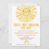 オレンジの女の子が太陽を一周する初めての誕生日 1歳の誕生日 招待状 (正面)