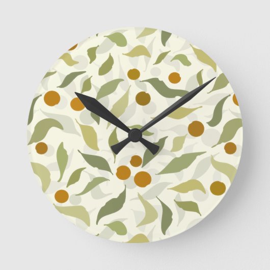 オレンジの実葉と – 模様。  ラウンド壁時計 (正面)