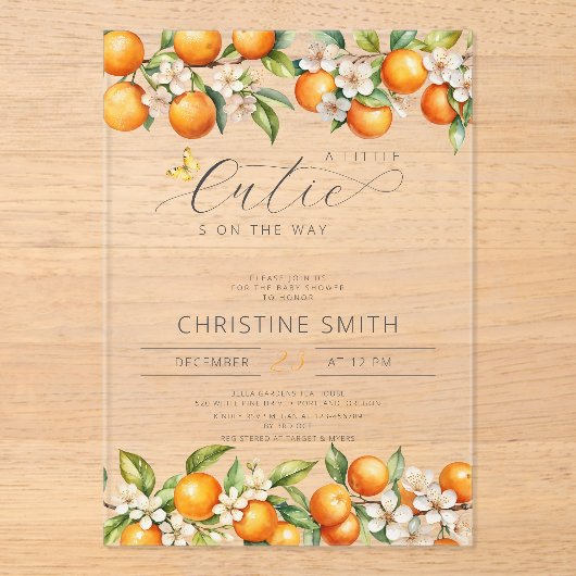 オレンジの小さなかわいこちゃんは赤ちゃんシャワーの途中にある アクリル招待状 (正面)