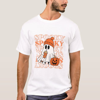 オレンジの帽子がトレンディなハロウィンの幽霊のメンズTシャツ Tシャツ