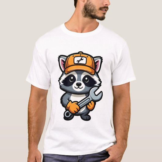 オレンジの帽子をかぶったアライグマの整備士 Tシャツ (正面)