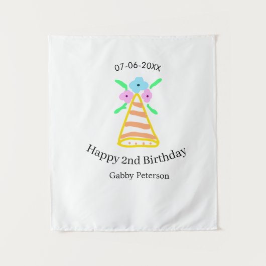 オレンジの帽子 2歳の誕生日 子供 レトロ フラワー 明るいb タペストリー (正面)