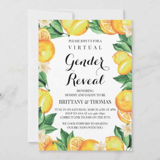 オレンジの性別発表招待状 オーダーメイドテキスト 招待状 (正面)