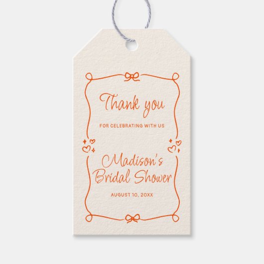 オレンジの手描きフレーム ブライダルシャワー 感謝の気持ち ギフトタグ (正面)
