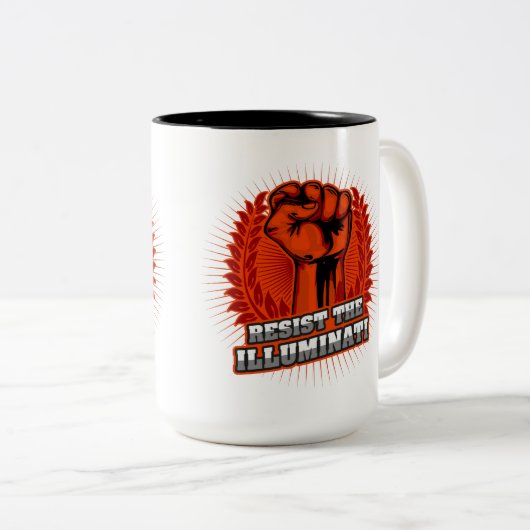 オレンジの拳を上げてイルミナティに抵抗する ツートーンマグカップ (正面右)