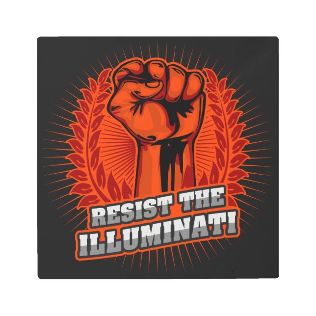 オレンジの拳を上げてイルミナティに抵抗する メタルプリント (正面)