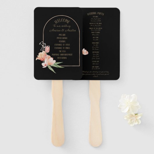 オレンジの春のチューリップ 黒背景 手扇 ハンドファン (正面&裏面)