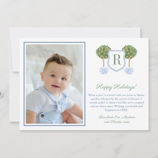 オレンジの木とモノグラムの紋章のホリデーカード デザイン シーズンカード (正面)