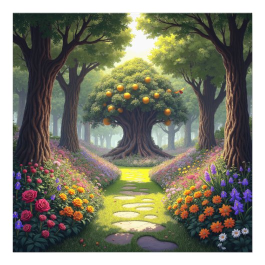 オレンジの木へ続く花の草原の曲がりくねった道 フォトプリント (正面)