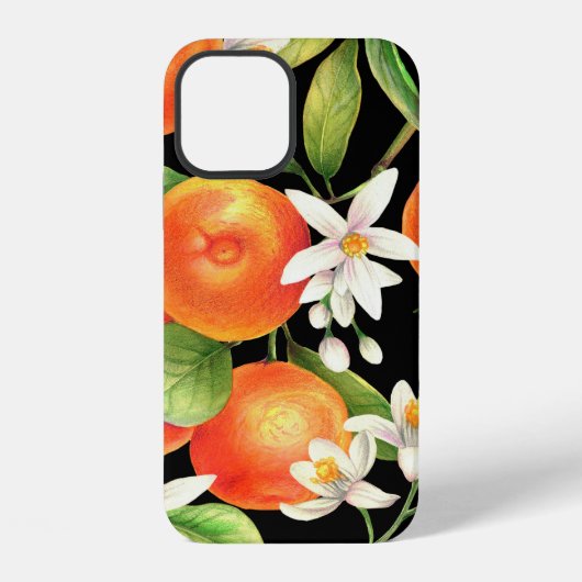 オレンジの果物、花、葉のシームレスパターン iPhoneケース (裏面)