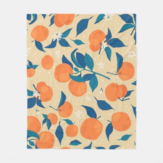 オレンジの枝:ベージュの背景パターン フリースブランケット (正面)