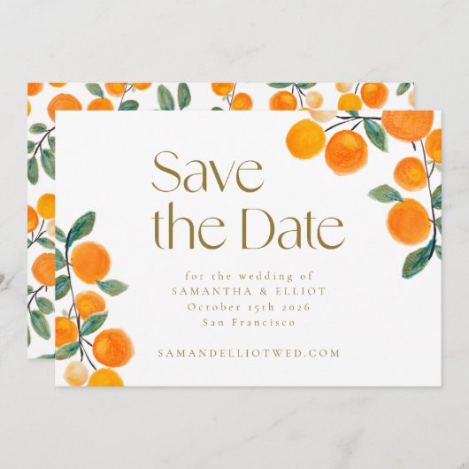 オレンジの柑橘類の果物を使ったモダンでミニマルなウェディング セーブザデート (正面/裏面)