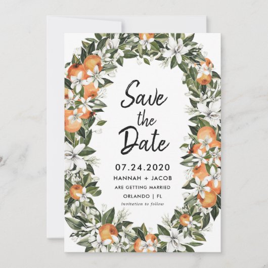 オレンジの柑橘類の緑は日付カードを保存 招待状 (正面)