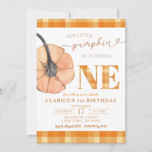 オレンジの格子私たちの小さなカボチャは1を回している 招待状 (正面)