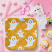 オレンジの格子縞に飛ぶハロウィンの幽霊 ペーパープレート (パーティー)