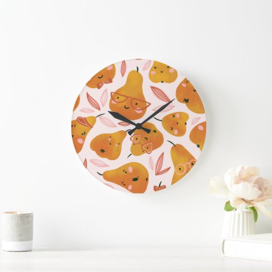 オレンジの梨を使ったかわいい夏のパターン。 ラージ壁時計 (ホーム)