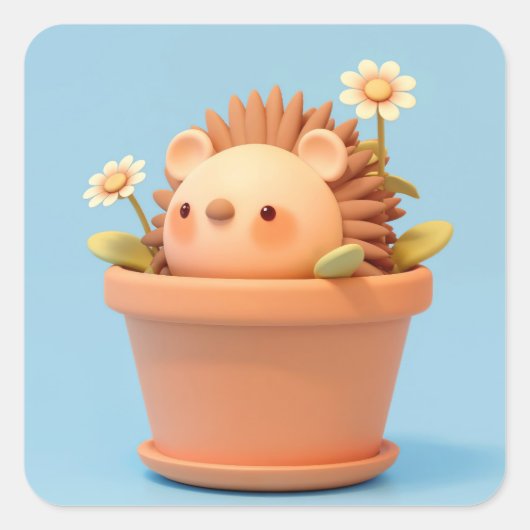 オレンジの植木鉢に佇むキュートな粘土のヤマアラシ スクエアシール (正面)