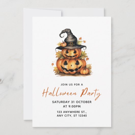 オレンジの水彩ハロウィンパーティー 招待状 (正面)