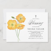 オレンジの水彩ポピー花のベビーブレッシング 招待状 (正面)