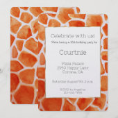 オレンジの水彩画のキリン柄の誕生日 招待状 (正面/裏面)