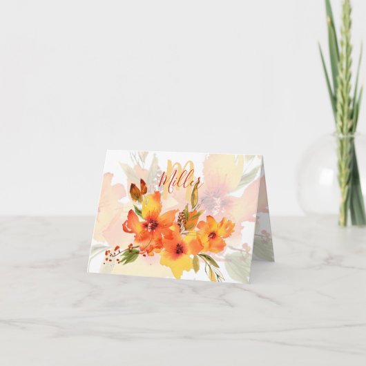 オレンジの水彩画の秋の花のオーダーメイド ノートカード (正面)
