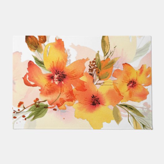 オレンジの水彩画の秋の花模様 ドアマット (正面)