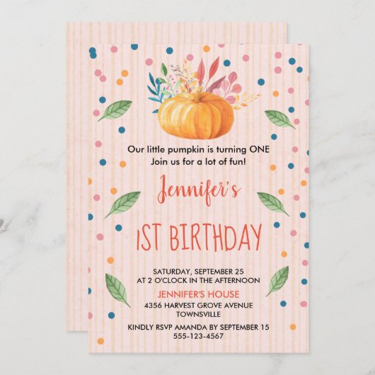 オレンジの水彩画パンプキン誕生日 招待状 (正面/裏面)