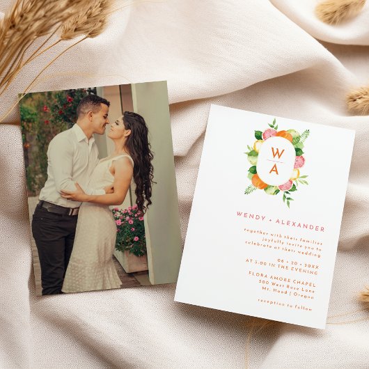 オレンジの水彩画 モノグラム クレスト フォト ウェディング 招待状