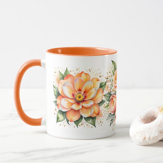 オレンジの水彩花の生け花 コーヒーマグ マグカップ (ドーナツ)