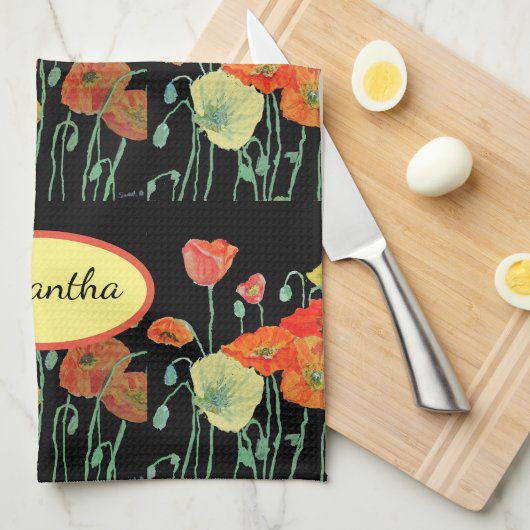 オレンジの汚れたポピーの水の色のティータオルブラック キッチンタオル (四つ折り)