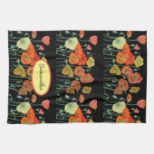 オレンジの汚れたポピーの水の色のティータオルブラック キッチンタオル (横)