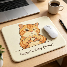オレンジの猫がハートの手を作って誕生日をお祝い カスタムネーム マウスパッド