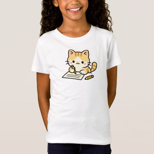 オレンジの猫が勉強して本を書く Tシャツ (正面)