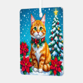 オレンジの猫とカスタムメッセージのクリスマス メタルオーナメント (正面左)
