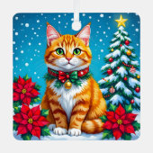 オレンジの猫とカスタムメッセージのクリスマス メタルオーナメント (正面)