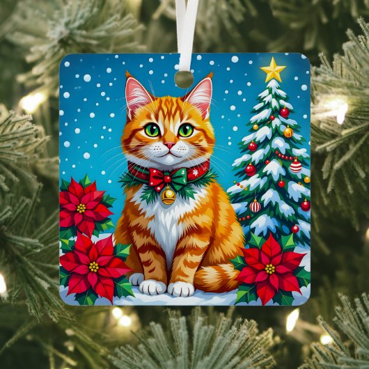 オレンジの猫とカスタムメッセージのクリスマス メタルオーナメント (インサイチュ)