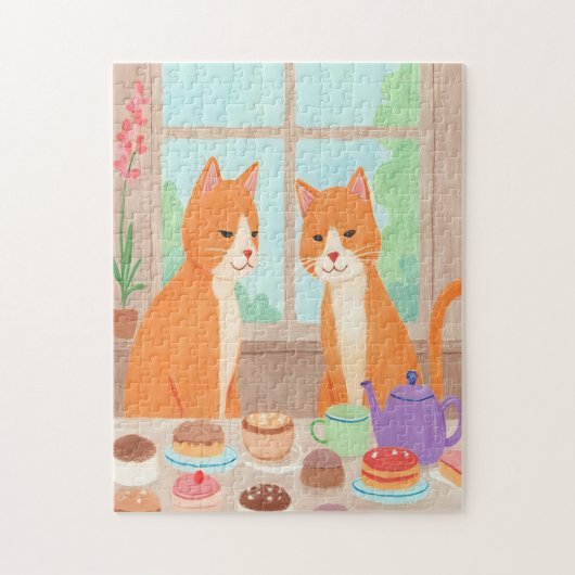 オレンジの猫とティーパーティーのジグソーパズル ジグソーパズル (縦)
